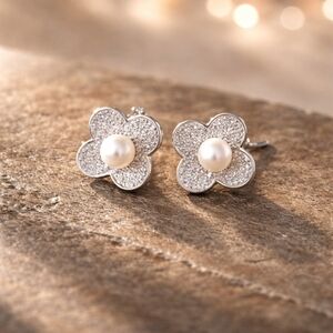 Pearl-Center Flower Crystal Stud Earrings